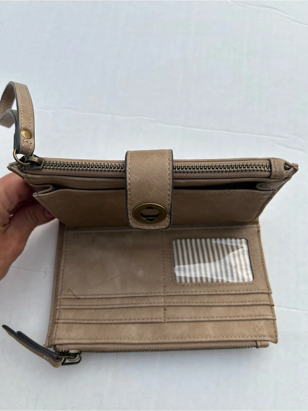 Maurices Taupe Faux Leather Turn-Lock Oversized Wristlet Wallet